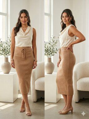 NEW Forever 21 Ribbed Knit Midi Skirt Khaki Tan Drawstring Waist Size Medium